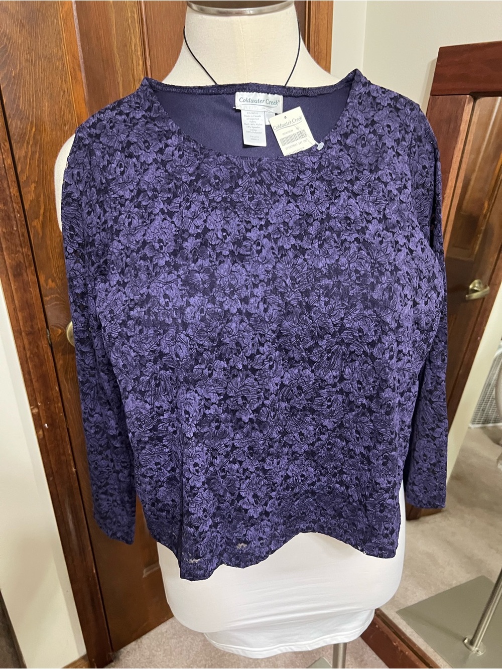 Coldwater Creek Purple Floral Lace Overlay Long Sleeve Top size XS NWT